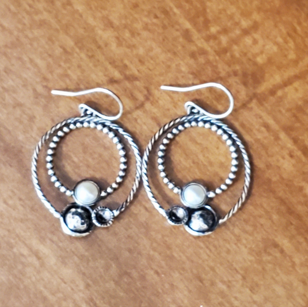 PZ Sterling Silver Drop Hoop Earrings with Bubble Pearls Textured Details